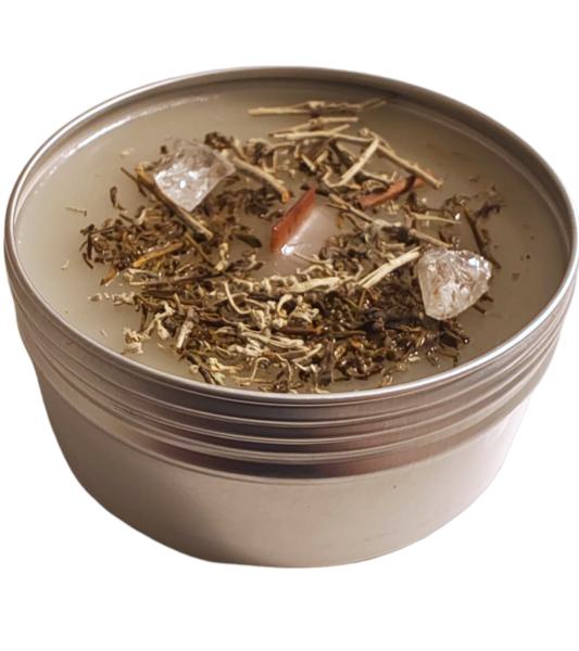 Spirituelle Kräuterkerze aus Sojawachs I Zedernholzdocht I Salbeiöl & Salbeiblättern I Bergkristall I Reinigung I Klärung I Schutz I Höhere Dimensionen